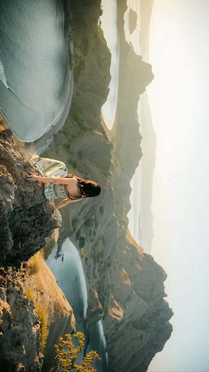 Traveler posing on a cliff edge at the Padar Island viewpoint